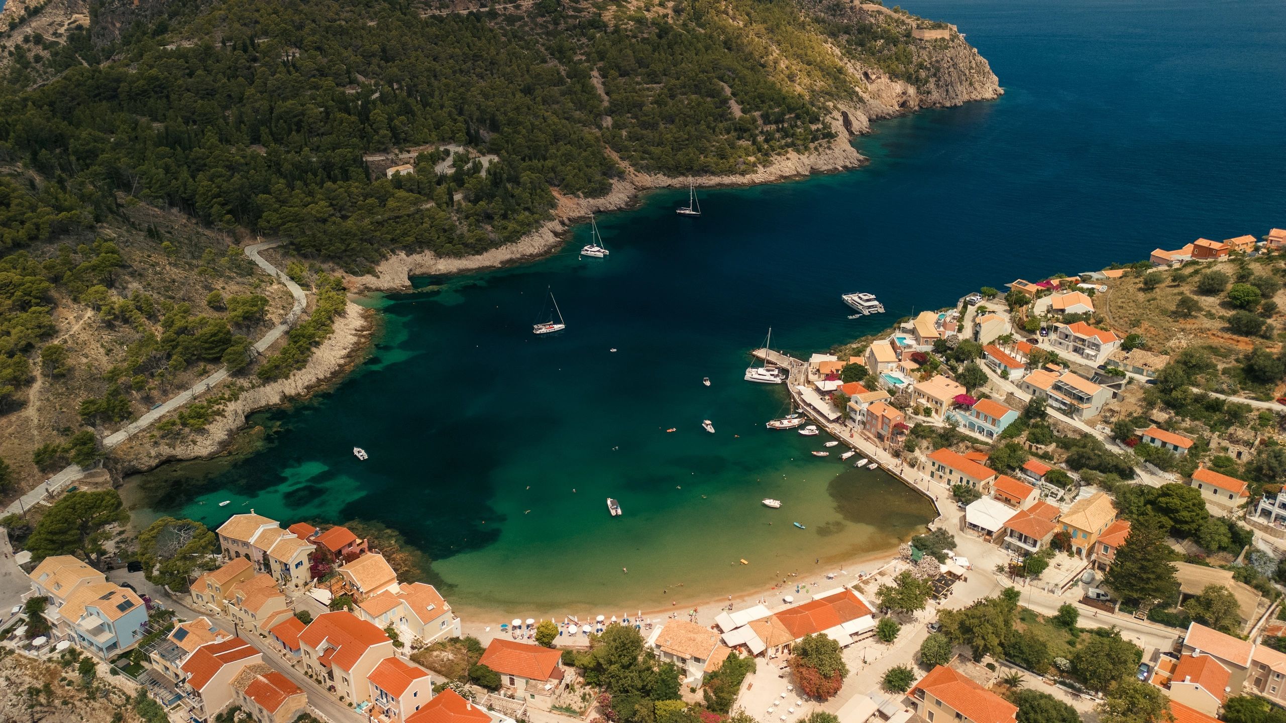 Mediterranean coastal town viewed from above on a peaceful summer day
